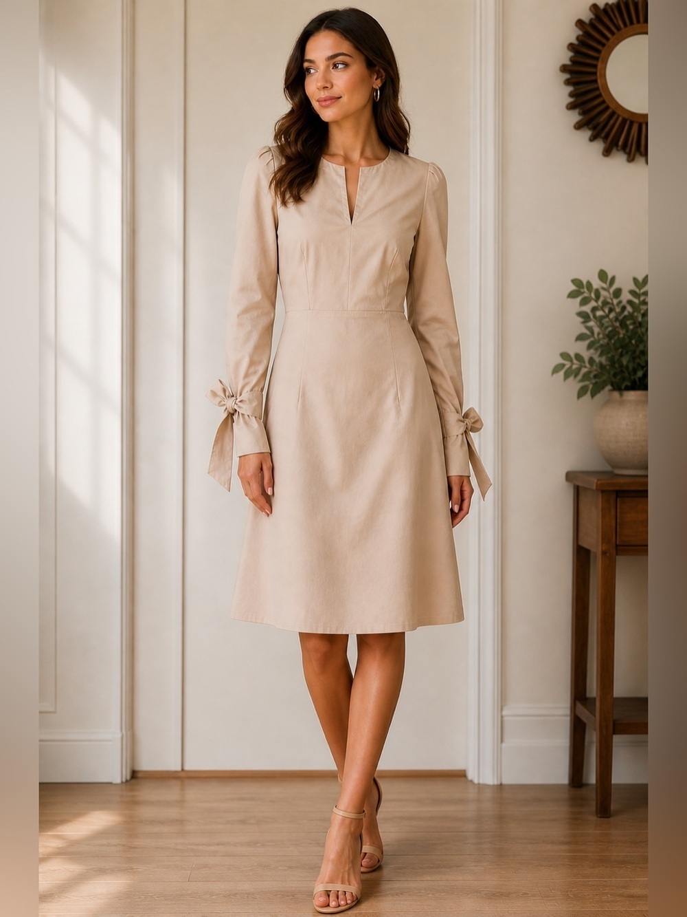 EVIDNT Beige long sleeve knee length dress with statement bow sleeve